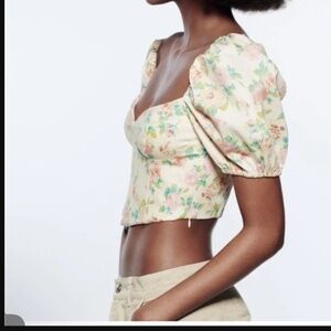 Zara Floral Corset Puff Sleeve Crop Blouse Size Medium
